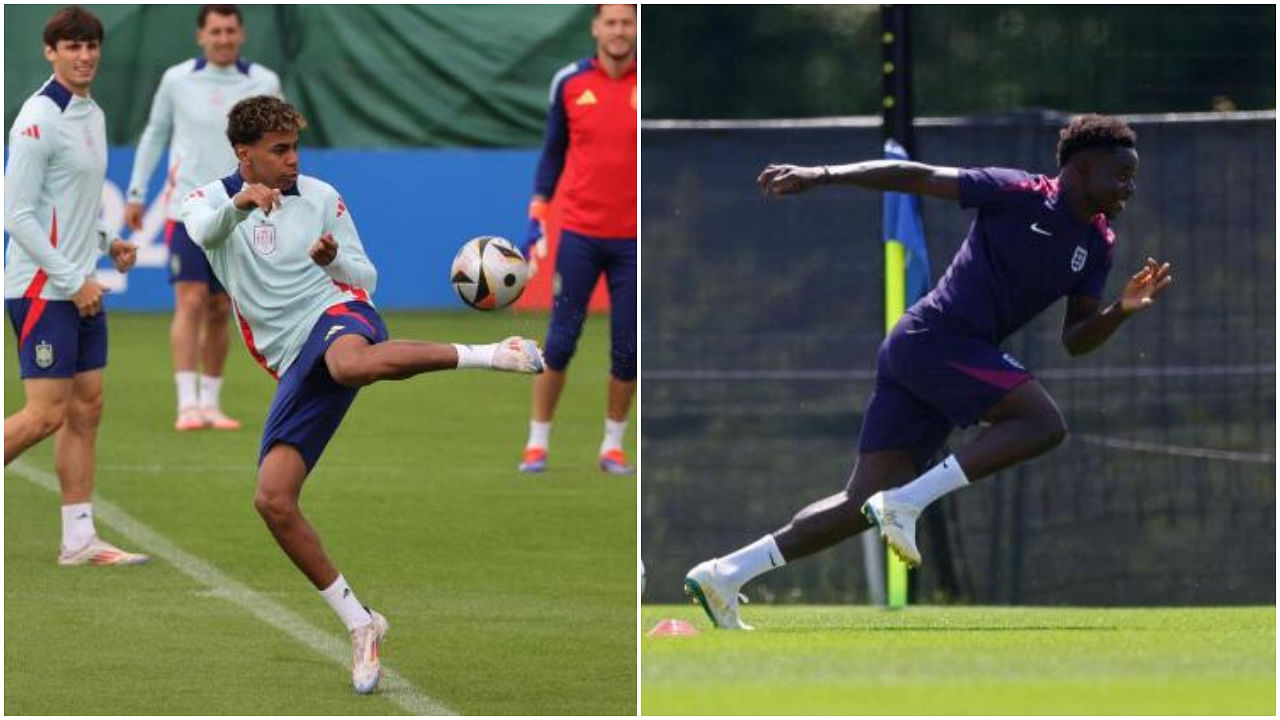 <div class="paragraphs"><p>Spain's Lamine Yamal (L) during a&nbsp; training before the Euro 2024 final; Englands Bukayo Saka during a training session. The two countries meet in the finals of the European Championships 2024 on July 14.</p></div>